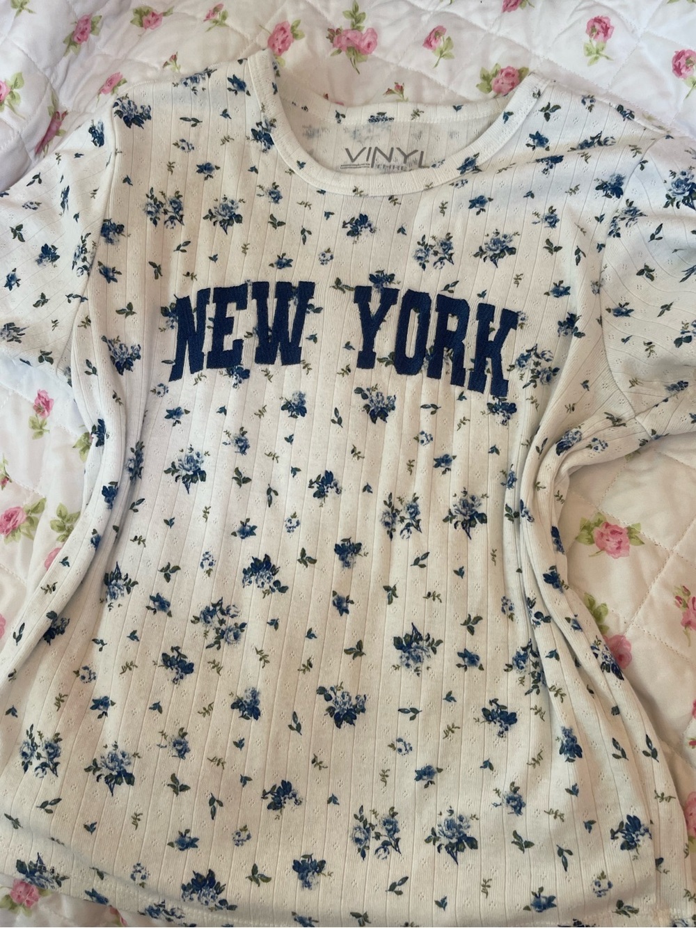 VINYL New York Floral Ribbed Tee - Cream & Navy